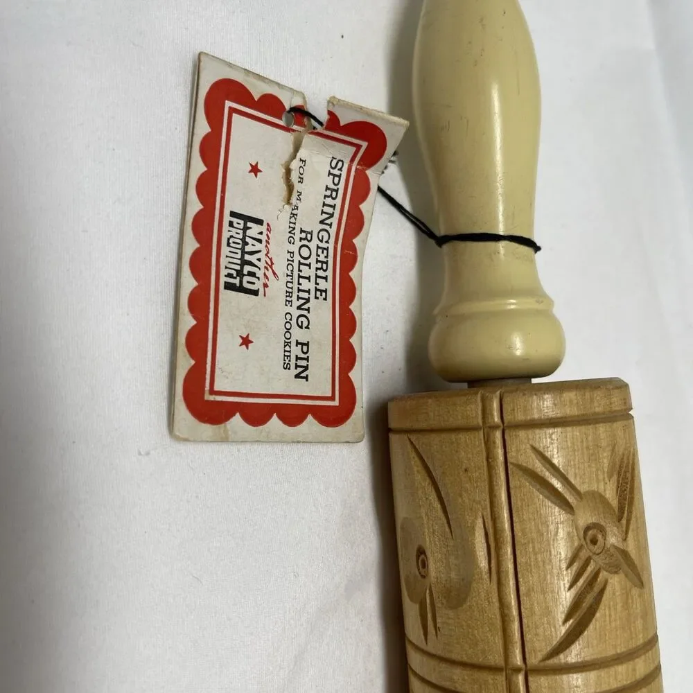 Vintage Carved Wooden Dough Rolling Pin Press for Springerle Cookies 14Lx2